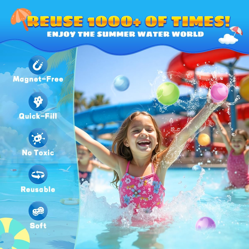 Reusable Water Balloons - Quick-Fill Silicone Splash Balls for Kids & Adults